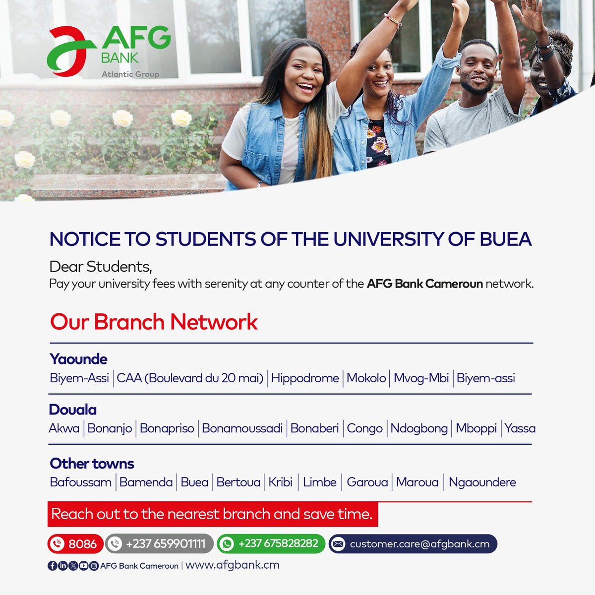 AFGBankCameroun's tweet photo. 🎓 Are you a student at the University of Buea or do you have relatives who study there ?
Pay your UB fees directly from our branch.
#Scolarship #UBFees #Scolarité #AFGBankCameroun #UB #EtToutDevientPossible https://t.co/JXDmaFuTFF