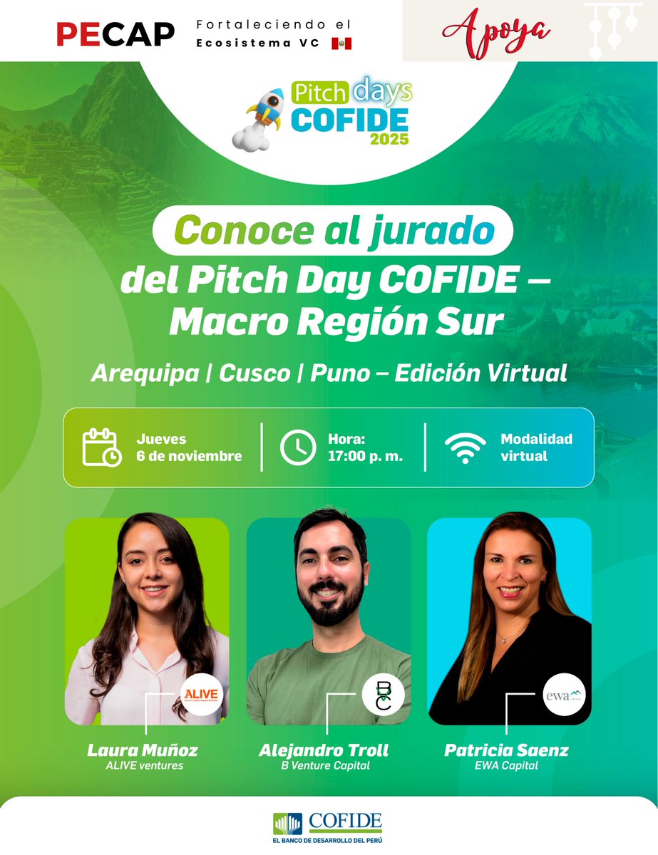 💡¿Qué busca un inversionista antes de apostar por una startup?
Descúbrelo en los Pitch Days COFIDE 2025, junto a Ewa Capital, Alive Ventures y B Venture Capital
🎤Pitches
💬Feedback en vivo
✨Aprende cómo piensan los inversionistas VC
🔗Regístrate: luma.com/7eerz7pd