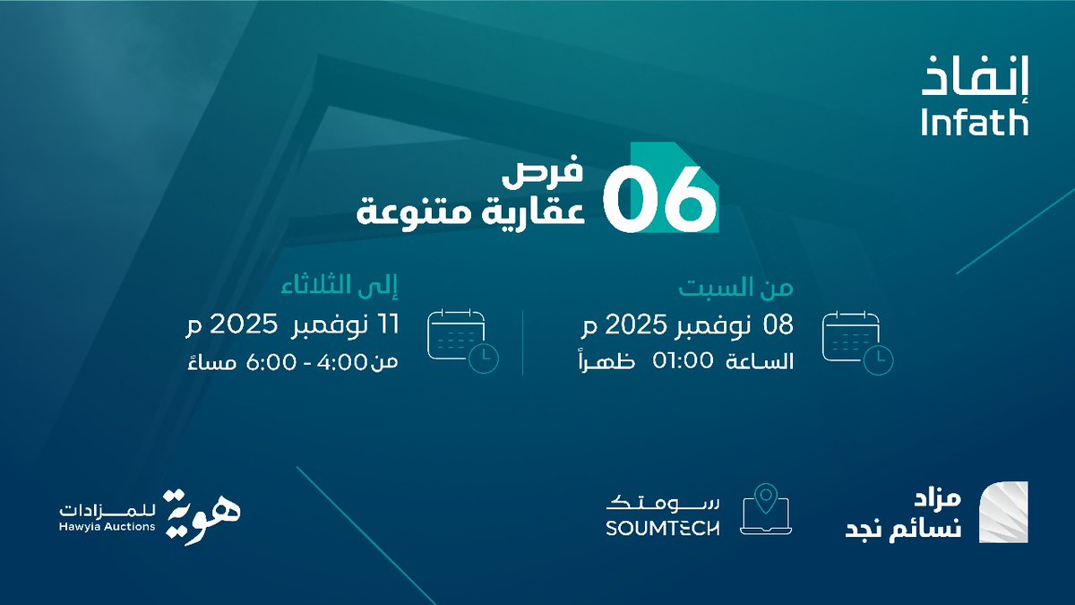 amlak_news's tweet photo. #هوية_للمزادات تقيم #مزاد_نسائم_نجد بإشراف مركز الإسناد والتصفية #إنفاذ وتطرح فيه
أرض تجارية على طريق الخرج وعمارة مدرة للدخل على طريق الملك عبدالله بالخرج وفرص أخرى متنوعة
يُقام المزاد إلكترونيًا من 8 - 11 نوفمبر
المزيد بالرابط:
https://t.co/q4nW61kIMJ
@infathAuctions|@hawyia_co https://t.co/kOUjmvN5X3