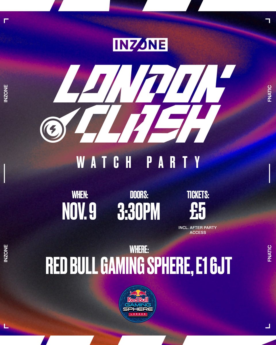Didn't manage to snab tickets for our INZONE London
Clash? 🇬🇧

Dont worry! - We're hosting a watch party at the Red Bull Gaming Sphere with access to the event after party included.

All the details: fna.tc/clash-watchpar…