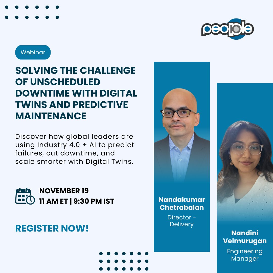 people_10's tweet image. 🚨 Webinar Alert!

Join us on November 19 at 11AM ET to explore how Industry 4.0, Digital Twins &amp;amp; Predictive Maintenance can cut downtime &amp;amp; boost efficiency. Don’t miss insights from People10 experts!
📍 Online

🔗event.gotowebinar.com/event/5f8682aa…

#DigitalTwins #TechWebinar #People10