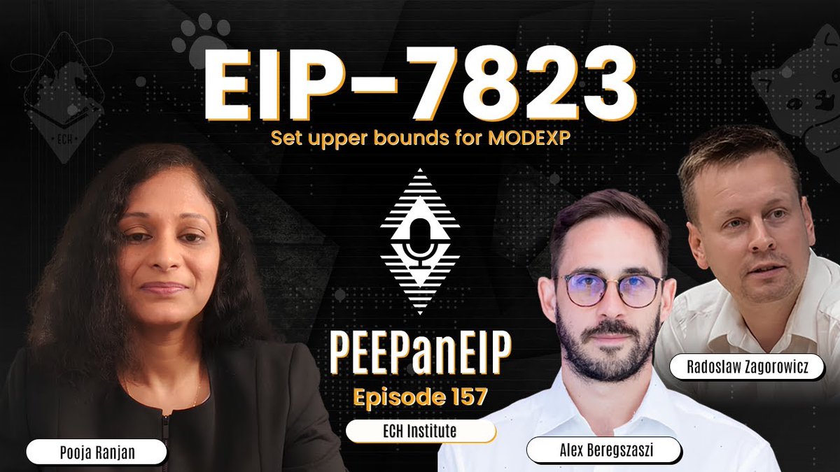 poojaranjan19's tweet image. PEEPanEIP-7823: Set upper bounds for MODEXP

@alexberegszaszi &amp;amp; @rodiazet recorded an episode providing an overview of this #Fusaka #EIP with @echinstitute 🧵
Episode link below👇

#PEEPanEIP #Ethereum #Fusaka #eip7823 #MODEXP #EVM