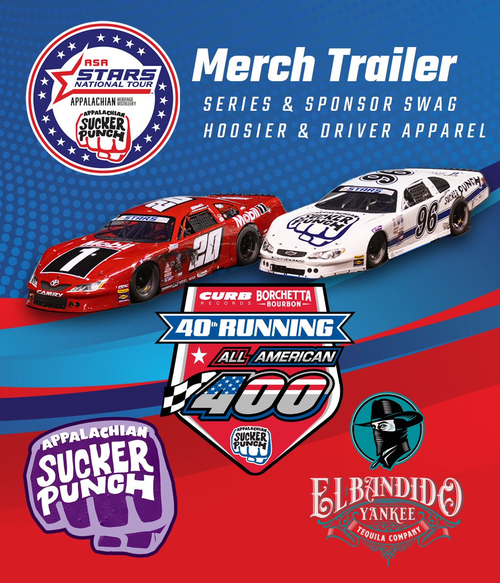 Make sure to stop by the ASA Merch Trailer and pick up your Appalachian Sucker Punch ASA STARS National Tour Merch this weekend at Nashville Fairgrounds Speedway! DJ will also have a variety of All American 400 apparel as well!