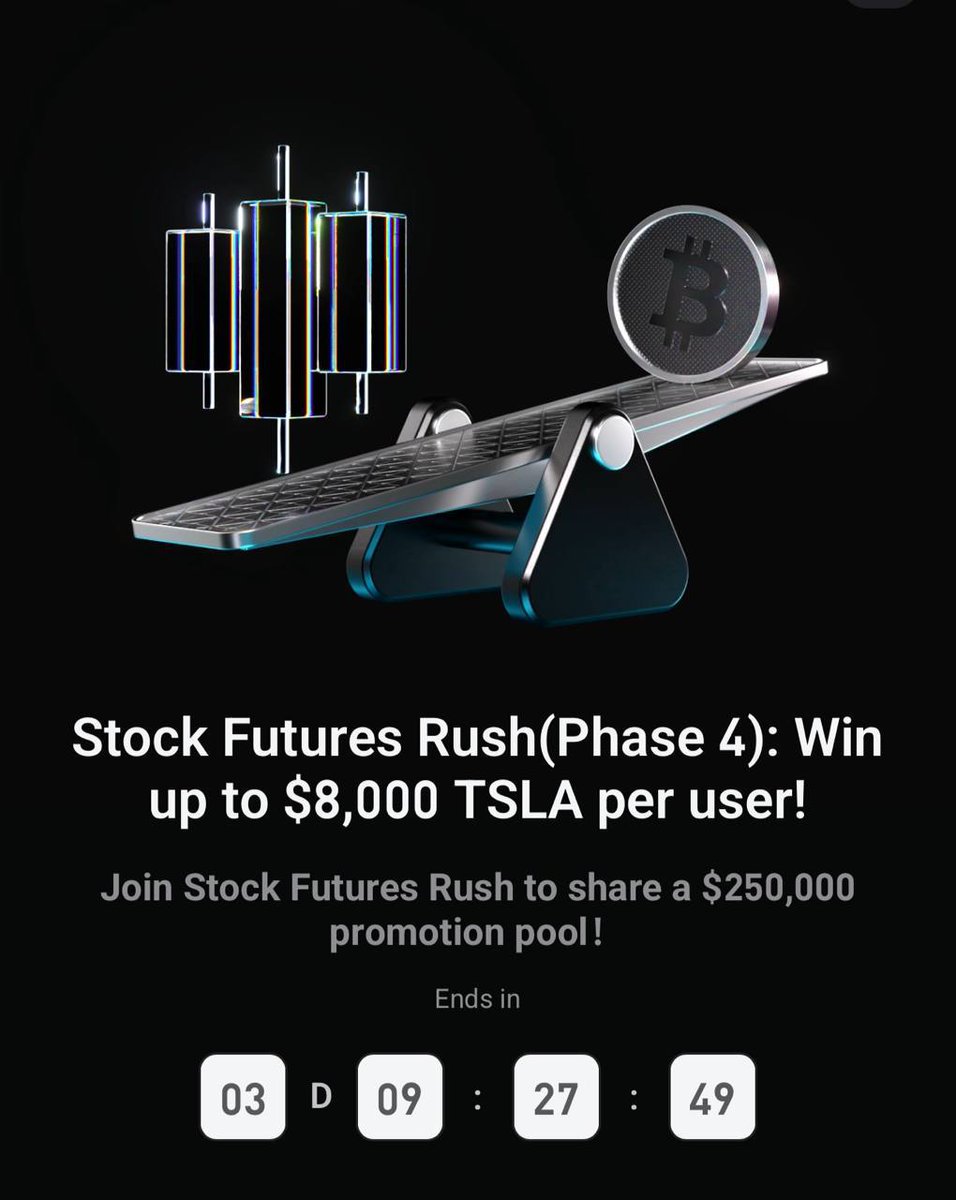 DeclanCrypt's tweet image. 🔥 STOCK FUTURES RUSH - PHASE 4 IS LIVE! 🔥

Trade stock futures &amp;amp; compete for your share of $250,000! 🎯
Win up to $8,000 in TSLA per user! 🚀

How to join:
✅ Enter the competition
✅ Trade stock futures
✅ Hit the volume goals
✅ Climb the leaderboard for bigger rewards

The…