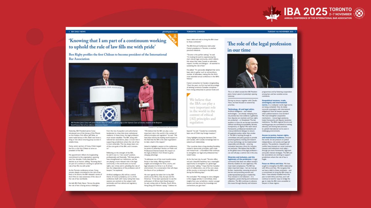 IBAnews's tweet image. ‘Knowing that I am part of a continuum working to uphold the rule of law fills me with pride’, said IBA President Jaime Carey in a profile featured in Tuesday 4 November&apos;s edition of the IBA Daily News.

Read more: tinyurl.com/mvvte67x

#IBAToronto