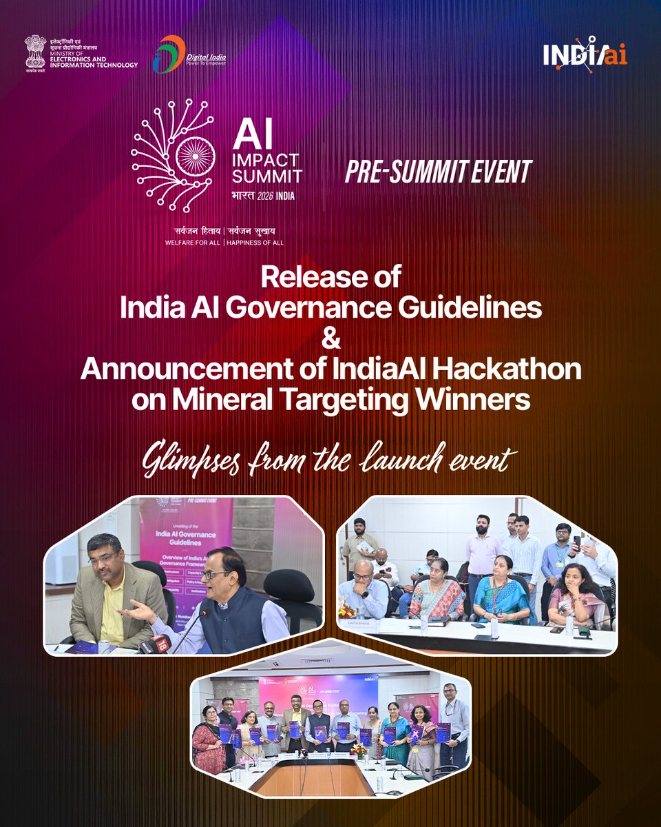 OfficialINDIAai's tweet image. On our #RoadToImpact to the India – AI Impact Summit 2026, today marks a key milestone in the journey. Industry leaders and AI think tanks came together to release the &apos;India AI Governance Guidelines&apos;, a defining framework born out of collective collaboration that will guide the…