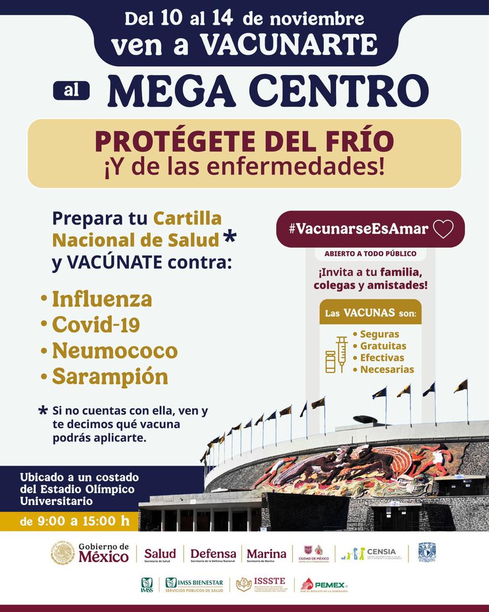 📢 ¡Llegó el momento de vacunarte!

Del 10 al 14 de noviembre estaremos en el Estadio Olímpico Universitario colocando las vacunas 💉 contra la influenza, Covid-19, Neumococo y Sarampión.

Comparte este posteo con tus amigos (as) y familiares para que se protejan.