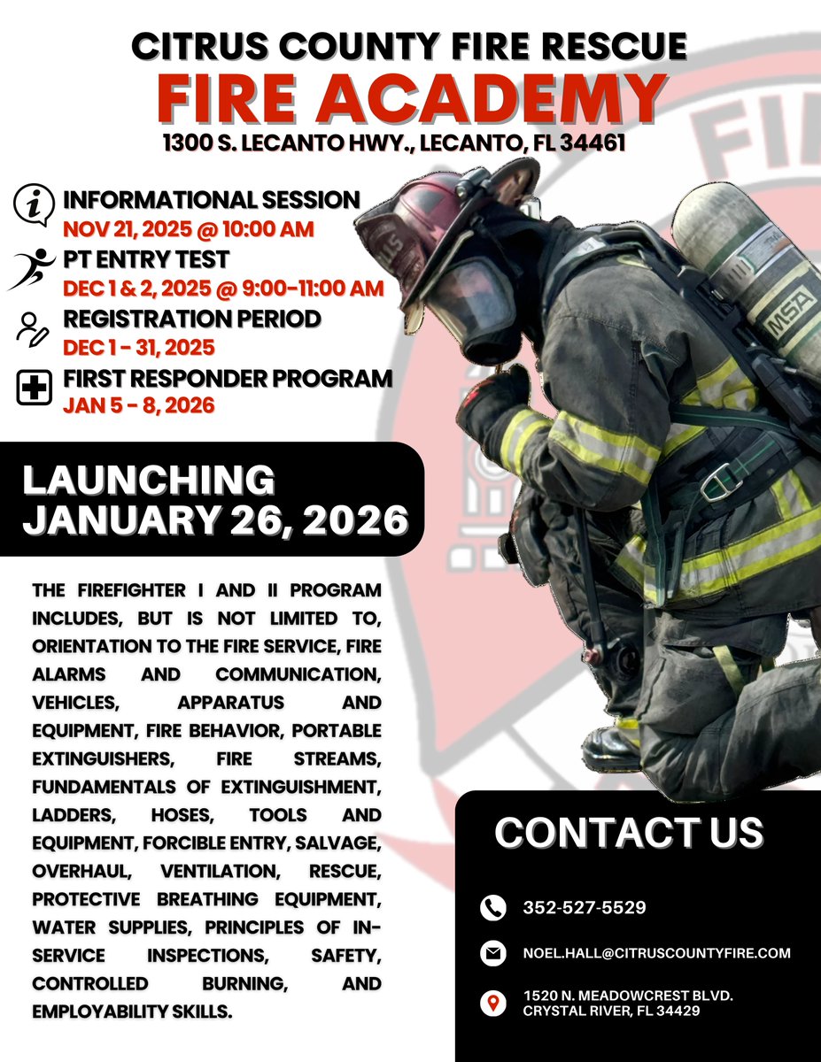 citruscofire's tweet image. Citrus County Fire Rescue’s next Fire Academy launches Jan 26, 2026!
📅 Info Session: Nov 21 @ 10 AM
💪 PT Entry Test: Dec 1–2 @ 9 AM

Pre-register now 👉 forms.office.com/g/BQtgr57C3H
#CitrusCountyFireRescue #FireAcademy #FutureFirefighter #FireTraining