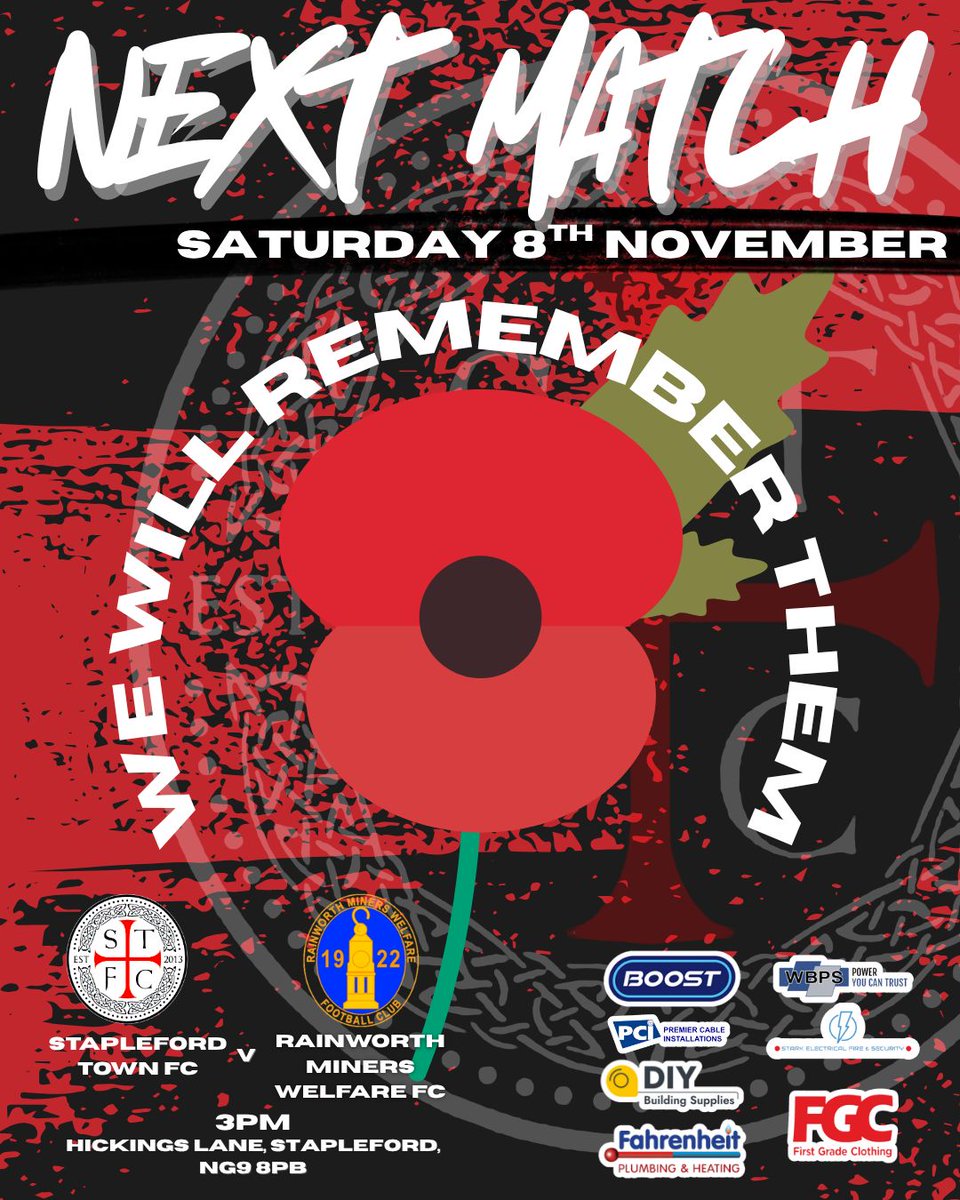 This weekend, we come together as a club and community to honour those who served.

A two-minute silence will be held before kick-off in our home fixture against Rainworth Miners Welfare FC.

🕢 Saturday 8th November | 3PM KO
📍 Hickings Lane, NG9 8PB

🔴⚫ #UpTheStabbo 🔴⚫