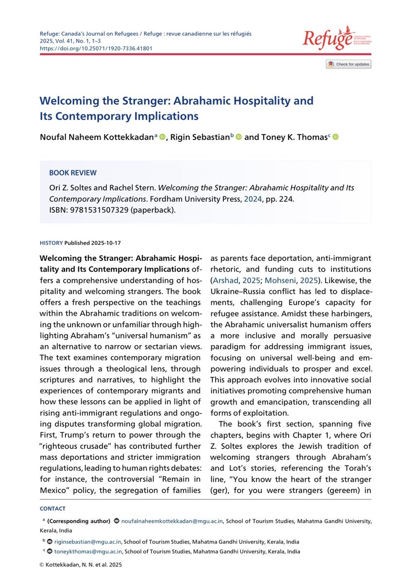 Just published a new #BookReview! Noufal Naheem Kottekkadan, Rigin Sebastian, and Toney K. Thomas reviewed “Welcoming the Stranger: Abrahamic Hospitality and Its Contemporary Implications” edited by Ori Z. Soltes and Rachel Stern. Read the review here: doi.org/10.25071/1920-…