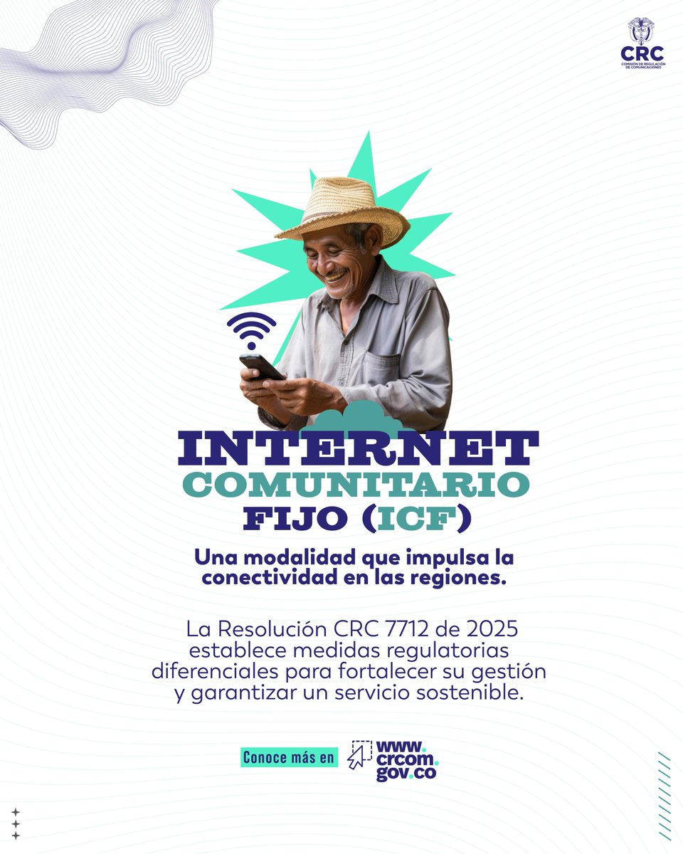 CRCCol's tweet photo. 🌐 En muchas veredas y zonas rurales, el acceso a Internet es posible gracias al modelo de Internet Comunitario Fijo (ICF).

📜 La Resolución CRC 7712 de 2025 establece reglas claras para su operación, seguimiento y reporte efectivo.
🔗 Conócela aquí 👉 https://t.co/okAWpnGHiI https://t.co/4UtUGfFgVe
