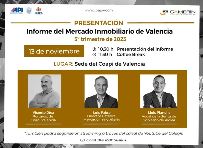 COAPI_Valencia's tweet image. 💬 ¿Quieres conocer las últimas tendencias del mercado inmobiliario?
📊 No te pierdas la presentación del Informe del Mercado Inmobiliario – 3º Trimestre 2025

🗓 Miércoles 13 de noviembre
🕙 10:30 h
📍 En la sede de COAPI Valencia y también en YouTube Live

#YoSoyAPIValencia
