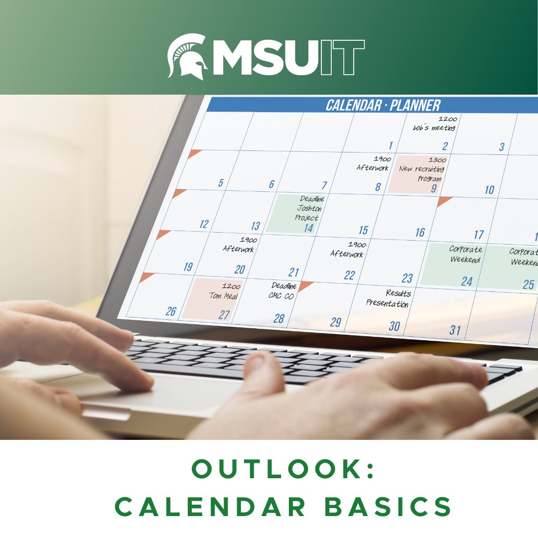 On 11/12, learn how to streamline your workflow and schedule using the Outlook calendar. Set up an Out of Office email, share your calendar with colleagues, and more. Register at SpartansLearn.msu.edu