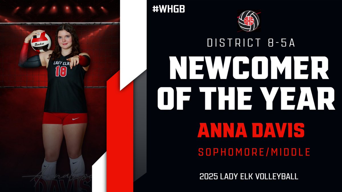 🏐District 8-5A Awards

🏐Newcomer of the Year

🔴Anna Davis-Sophomore

Congratulations on a great season‼️

#WHGB 

<a href="/BurlesonSports/">Burleson ISD Athletics</a> <a href="/BurlesonISD/">BurlesonISD</a> <a href="/BHSGAthletics/">Burleson HS Girls Athletics</a> <a href="/GMsportsmedia1/">GM Sports Media</a> <a href="/Gosset41/">Brian Gosset</a> <a href="/BHSElks/">Burleson High School</a>