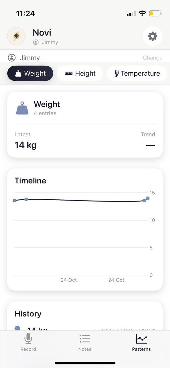 vipulawl's tweet photo. Been tracking son's growth using a simple voice based note iOS app i made recently. Simple and easy. No need to do any more manual data entry. 
I used to track this on whatsapp earlier. Not anymore.
Try out Novi - https://t.co/6nyIa0wug4 https://t.co/8N7s1Vg8YB