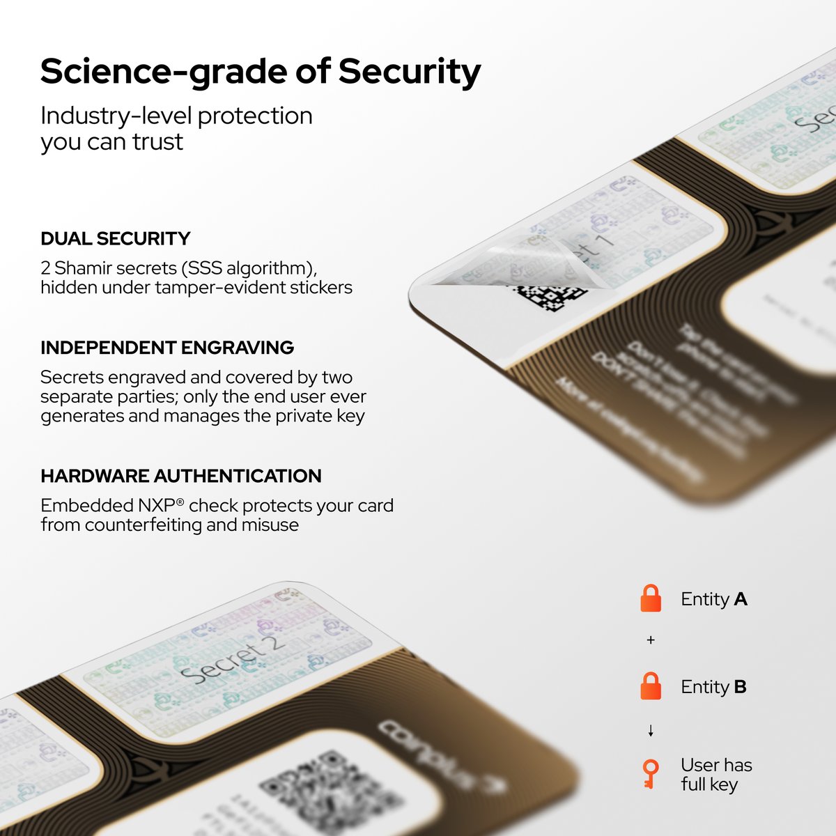's tweet image. Science-grade security 🔐

Each Coinplus card combines dual Shamir encryption, independent engraving &amp;amp; NXP® hardware check — so only you ever hold the full key.

Trust you can verify.

#Coinplus #CryptoSecurity #SelfCustody