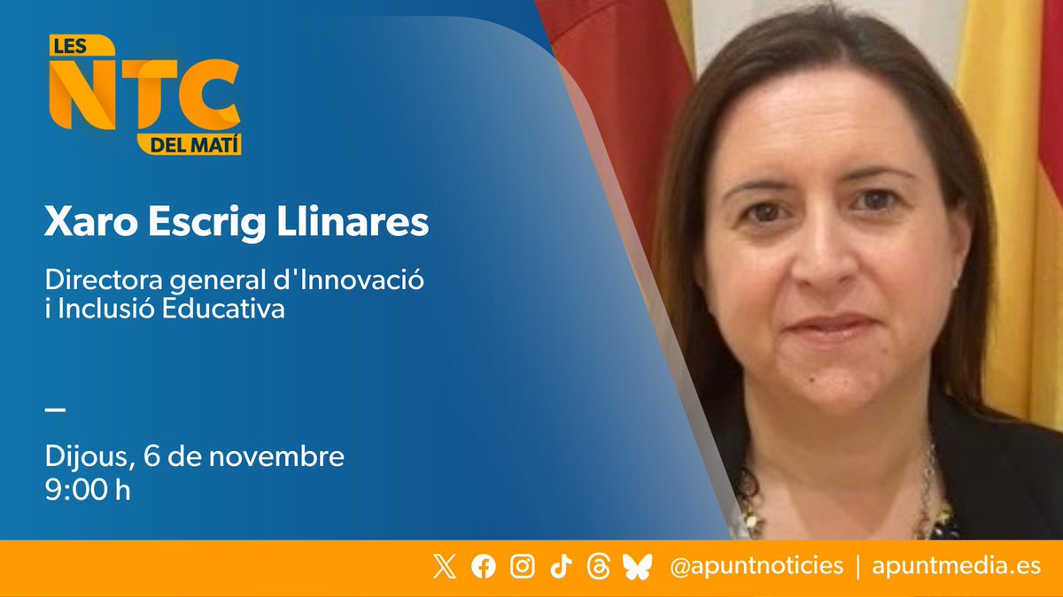 📌 Demà entrevistem Xaro Escrig Llinares (<a href="/xaroescrig/">Xaro Escrig Llinares</a>), directora general d'Innovació i Inclusió Educativa (<a href="/GVAeducacio/">GVA Educació</a>)

🗣️ Amb #ÁlvaroErrazu, <a href="/tojipi/">Toni Jiménez Picó</a> i <a href="/cpascualr/">Carolina Pascual</a> en la tertúlia

⏰ A les 09:00 h.
📻 web.apunt.es/RàdioEnDirecte
📺 web.apunt.es/DirecteTV