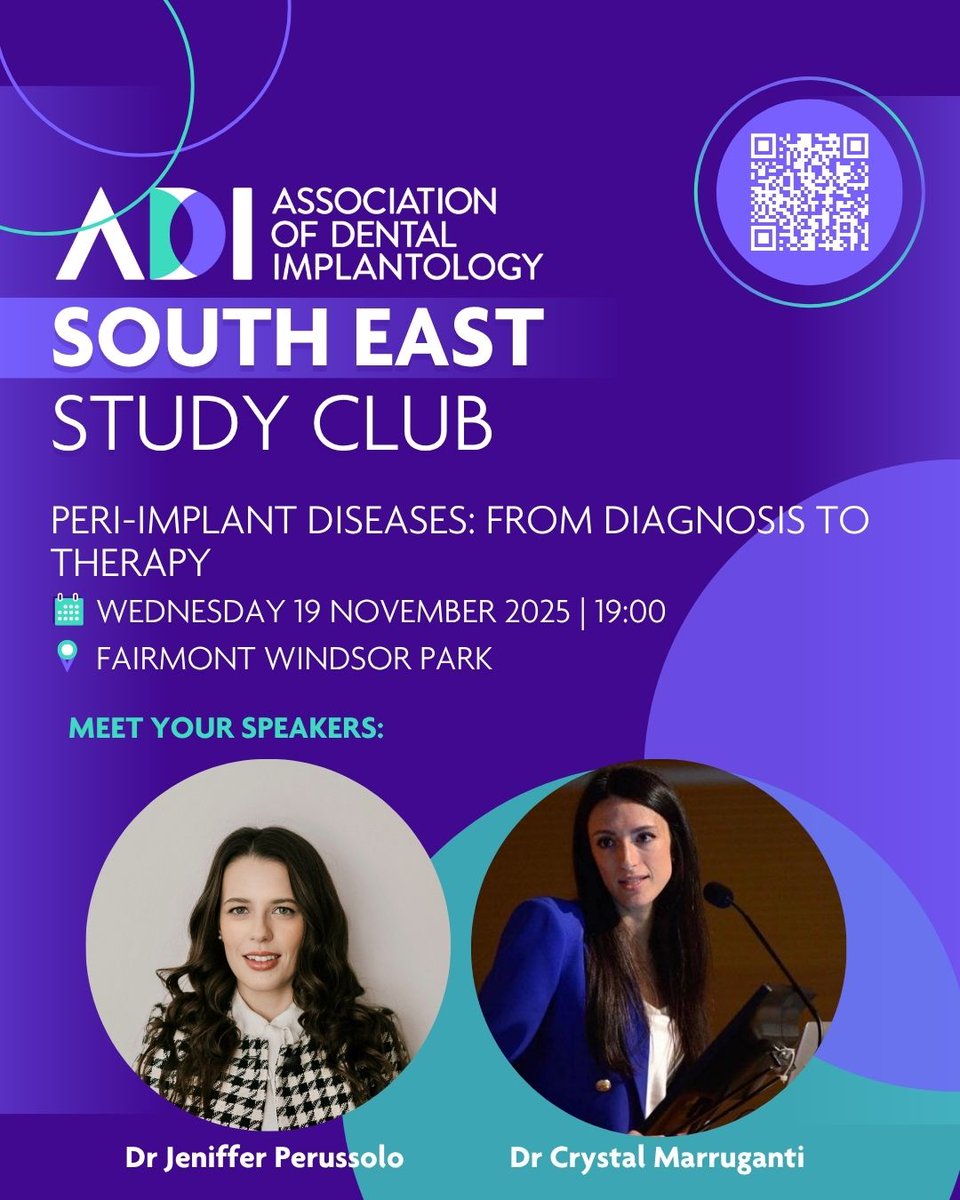 Join us Nov 19 for insights on peri-implant diseases! 
 Speakers: Drs. Jeniffer Perussolo &amp; Crystal Marruganti. 
🎟️ Register: [adi.org.uk/events/2005/so…] 
#ImplantDentistry #SouthEastEvents #PeriImplantitis #Periodontology #JenifferPerussolo #CrystalMarruganti #ManrajKalsi
