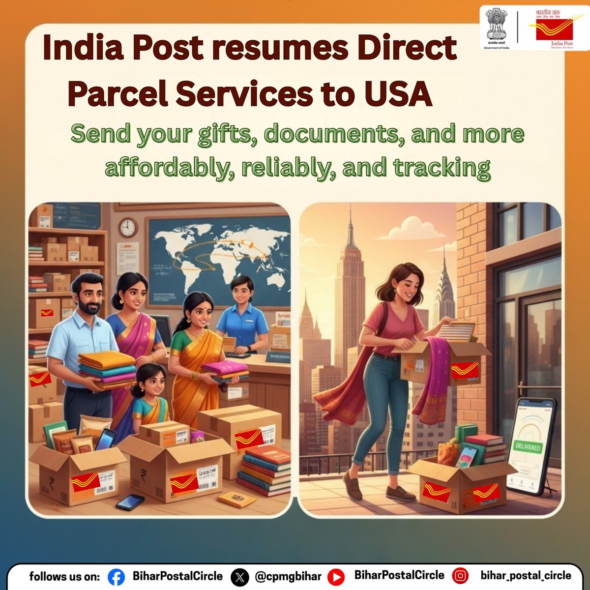 cpmgbihar's tweet photo. India Post Resumes Direct Parcel Services to USA..
#IndiaPost #USAParcel #BhartiyeDaak #SpeedPost #GlobalService https://t.co/CkmhluvLBK