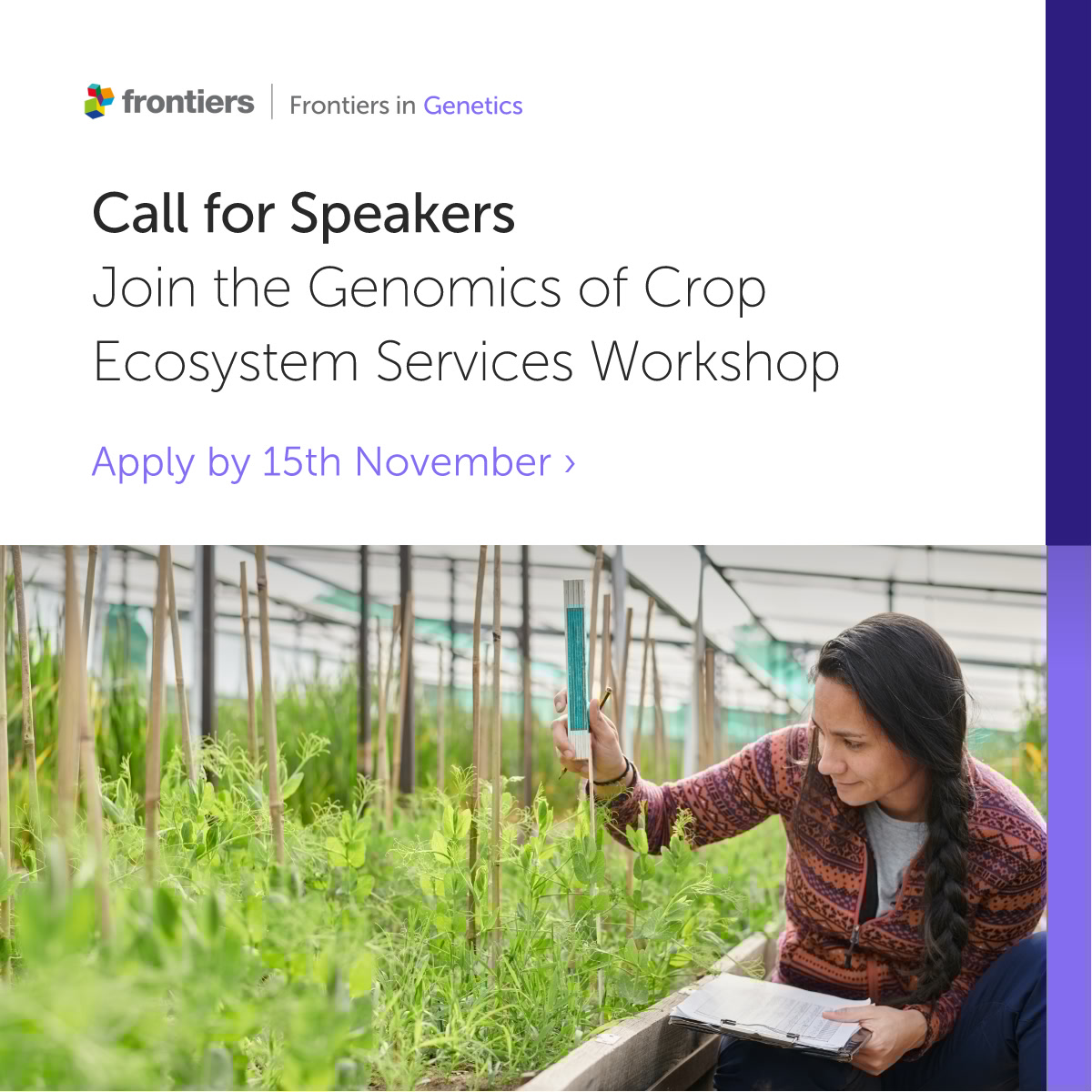 FrontGenetics's tweet image. Call for speakers

Calling crop genomics researchers! 

Join SCE Andrew Paterson at #PAG33’s Genomics of Crop Ecosystem Services workshop.
Enrol as a speaker and share your work on sustainable crop production.

🗓️ Apply by Nov 15
🔗 intlpag.org/PAG33/