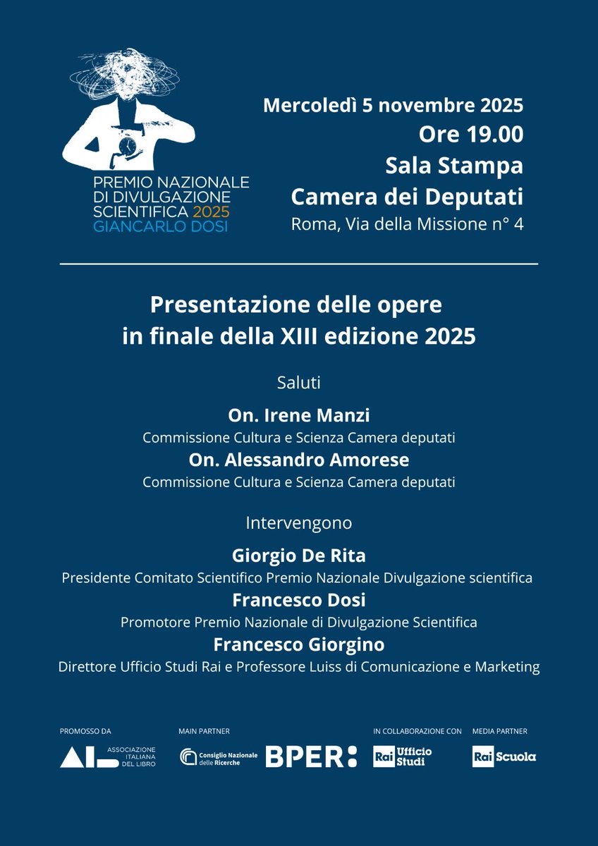 📣 Oggi alle 19:00 la diretta streaming dell’evento di presentazione dei finalisti della XIII edizione del Premio Nazionale di Divulgazione Scientifica Giancarlo Dosi
📺➡️ share.google/dvImrZgvEMG4fP…

Main partner <a href="/CNRsocial_/">CNR Consiglio Nazionale delle Ricerche</a> <a href="/BPER_Banca/">BPER Banca</a>