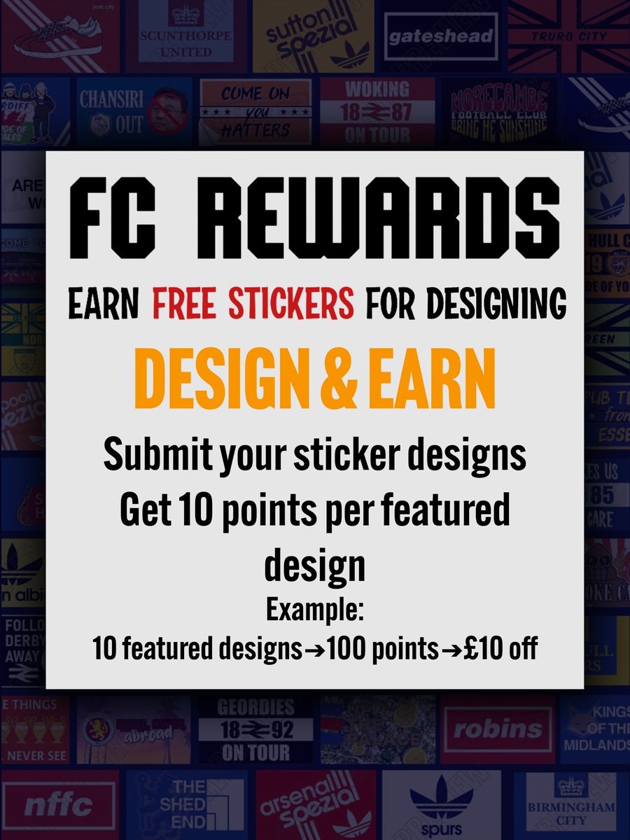 FCstickersUK's tweet photo. 🎨 DESIGN &amp; EARN

Submit your own sticker designs

If we feature your design on our site, you’ll earn 10 POINTS per design

Find out more 👉 https://t.co/jrpbMP0blF

#UpTheStickers | #MarkYourTerritory https://t.co/CHzPjtO4Mj