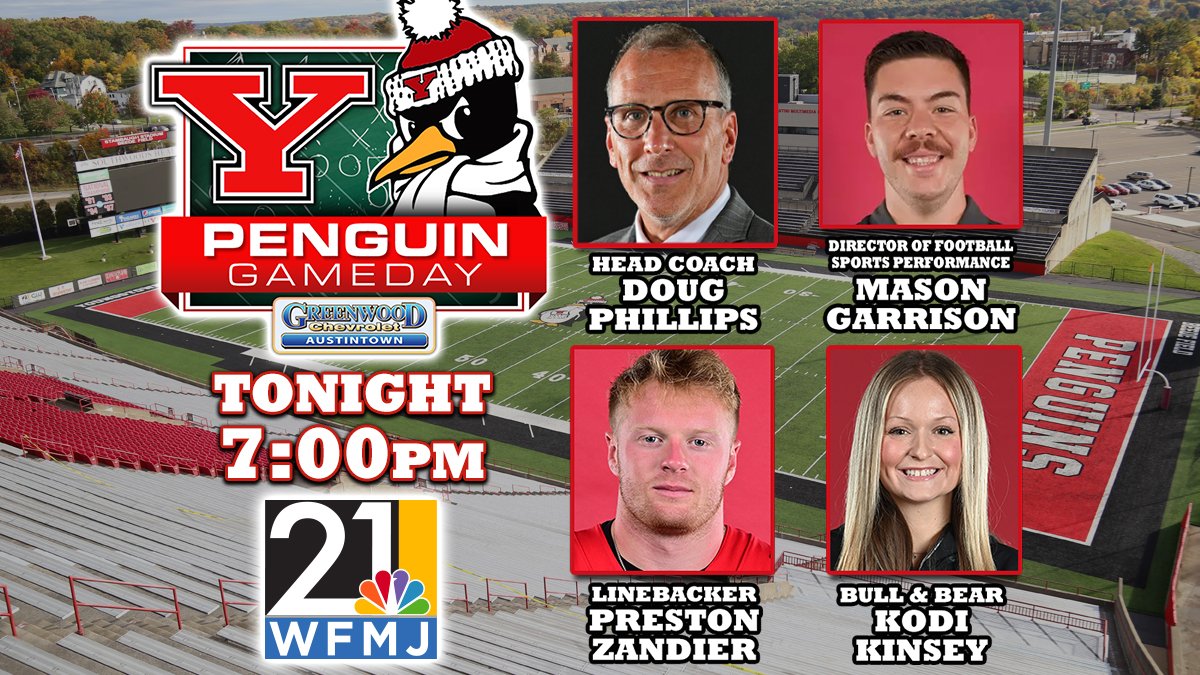 21WFMJ's tweet photo. Tonight, on Penguin Gameday, we’ll talk about #21 YSU’s hard-fought loss at #1 NDSU and preview Saturday’s key MVFC home game vs. #15 Southern Illinois. #GoGuins🐧 https://t.co/aPpt2yxDsP