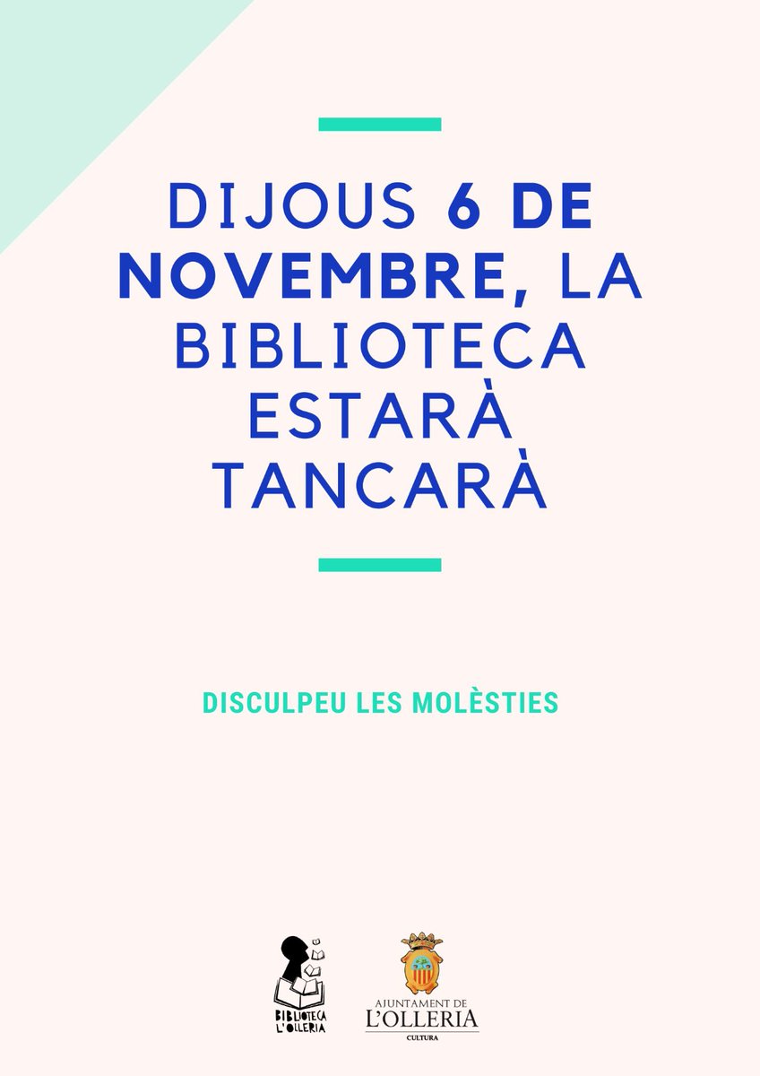 La Biblioteca Pública de L'Olleria acull el pròxim divendres dia 7 de novembre a les 18 h. l'espectacle de titelles "Penjant d’un fil". Més informació: 40 Mostra internacional de titelles a la Vall d'Albaida. mostratitelles.com
Demà estem tancats. Disculpeu les molèsties