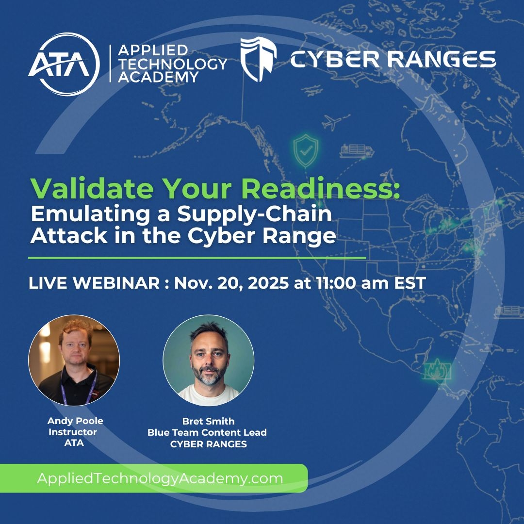 appliedtechac's tweet image. Ready to go beyond theoretical security training?  

💥LIVE Webinar Alert!

Title: Validate Your Readiness: Emulating a Supply-Chain Attack in the Cyber Range 

Join Applied Technology Academy and @cyberranges  for an exclusive look inside a live-fire Supply-Chain Attack scenario…