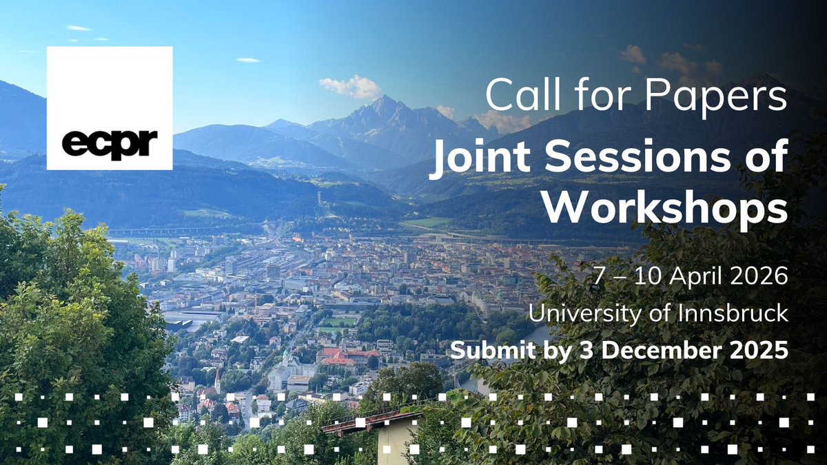 ECPR's tweet photo. 📢 Call for Papers 📢  https://t.co/vnhgJa1PDH
✍️ Hone your research at the 2026 Joint Sessions 👇
❇️ get thorough feedback
❇️ join interdisciplinary dialogue
❇️ build enduring networks

✅ 35 confirmed Workshops
🇦🇹 7–10 April
⌛ Submit by 3 Dec

#ecprjs26 https://t.co/03tK9K7CaX