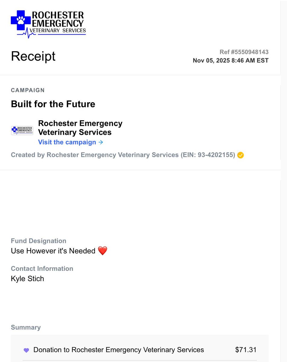 Thanks to all those who contributed to our work. We decided to donate ALL proceeds to Rochester Emergency Veterinary Services. If you'd like to donate yourself, it would be appreciated by all pet owners in the Rochester, NY area.

givebutter.com/REVSNewHospital