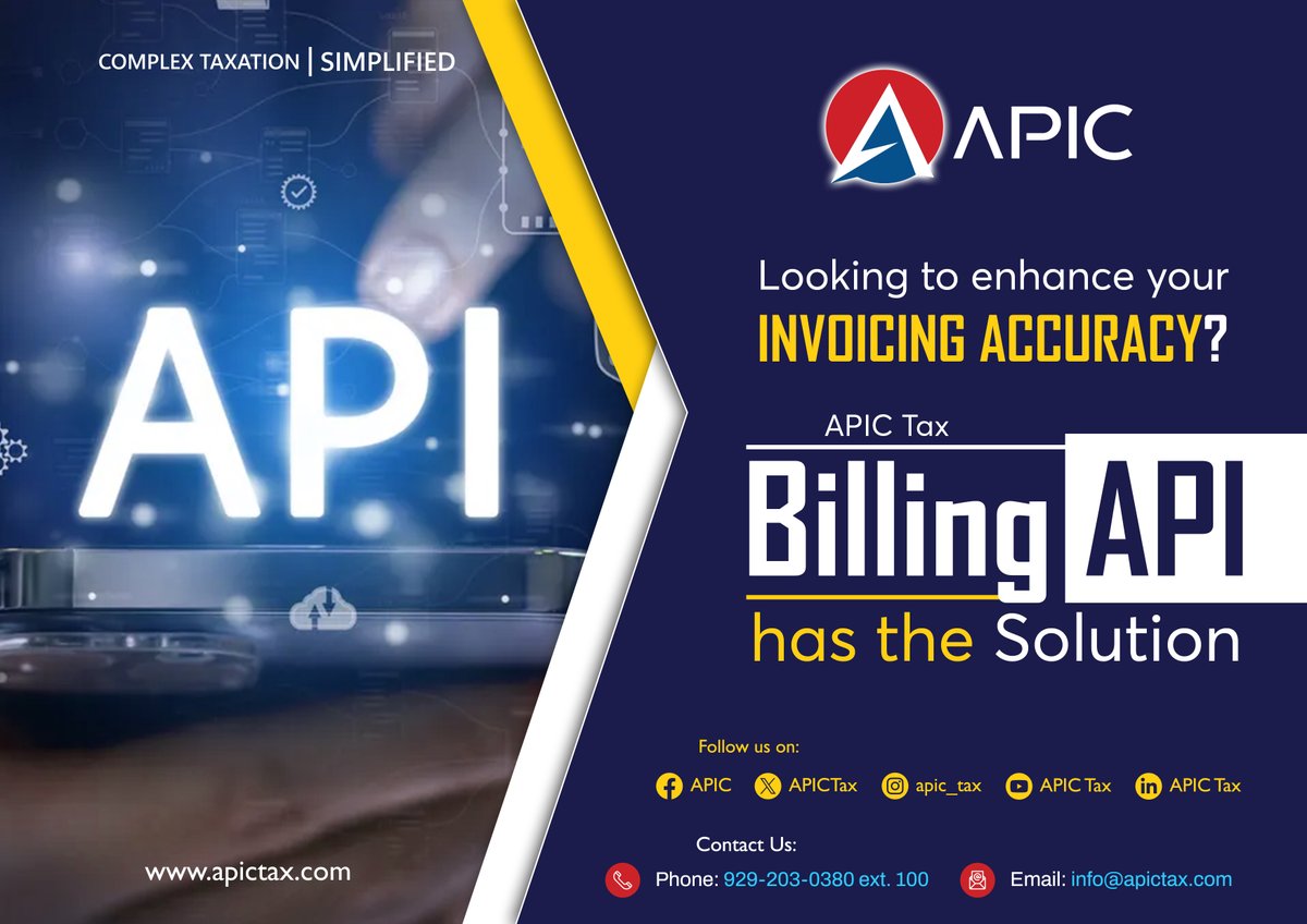 apic_tax's tweet photo. APIC Tax Billing API 🧾✅

Enhance your invoicing accuracy with APIC Tax Solutions Billing API! ⚙️📊 Our advanced tax mapping ensures precise taxation, seamless integration, and compliance made easy. Elevate your billing process today! 🚀

#APICTax
#BillingAPI
#SeamlessTaxation https://t.co/al8OvAuRHz