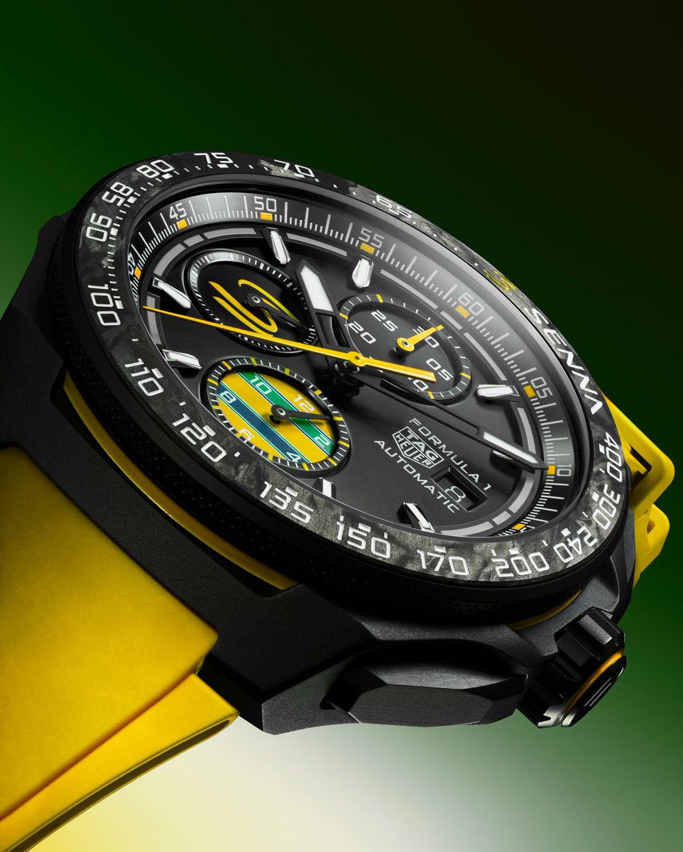 TAGHeuer's tweet image. Inspired by Ayrton Senna’s racing helmet, the new TAG Heuer Formula 1 Chronograph x Senna 44mm features a 6 o’clock subdial in the vibrant colors of the Brazlilian flag and a 9 o’clock seconds counter with the yellow “S” logo. Paired with an engraved Senna logo on the forged…