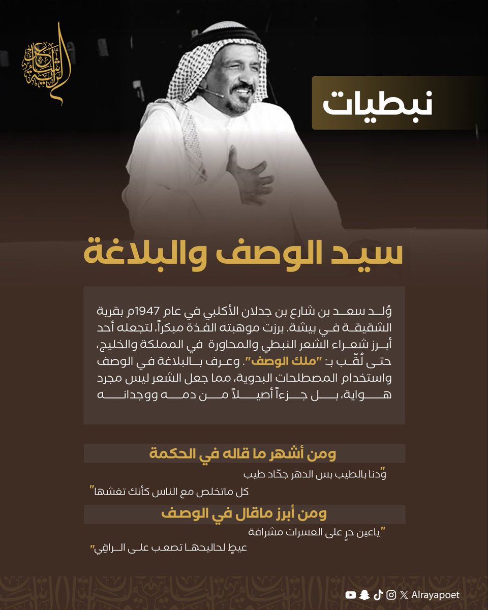 من بيشة إلى ماوراء حدود الإبداع

حكاية "ملك الوصف"، الذي جعل من الكلمة البدوية فلسفة تُحكى.

#سعد_بن_جدلان في سلسلة #نبطيات

#شاعر_الراية
#للشعر_بقية