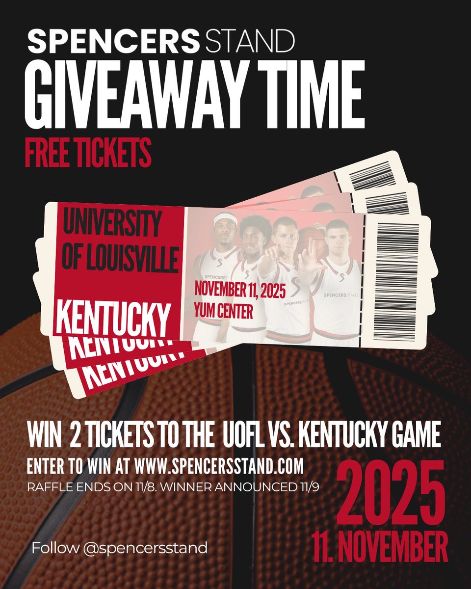 SpencersStand's tweet photo. ENTER TO WIN TWO TICKETS TO THE UNIVERSITY OF LOUISVILLE VS. KENTUCKY GAME.

Raffle closes in November 8th.
Go to https://t.co/t742TYP1dH to enter! https://t.co/dN1F1bRL4K