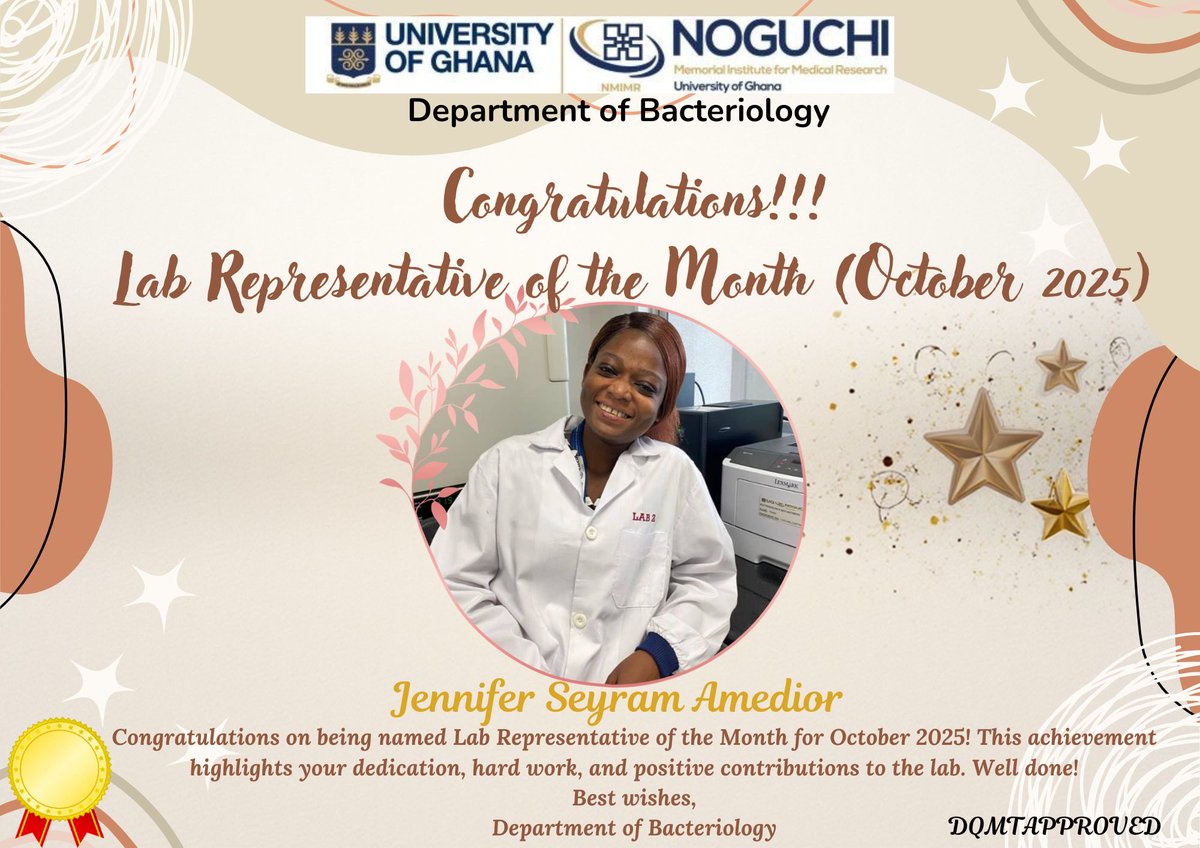 We’re thrilled to celebrate two outstanding members of the Department of Bacteriology for October 2025!
🎉 Employee of the Month : Mr. Emmanuel Darko
🎉Laboratory Representative of the month: Ms. Jennifer Seyram Amedior  
Your efforts make a real difference, Well done!