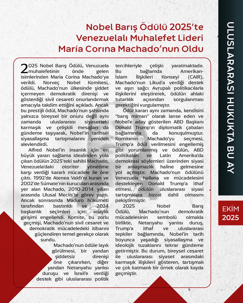 Hukukçular Derneği Uluslararası Hukuk Komisyonumuz, her ayın öne çıkan uluslararası hukuk gelişmelerinin değerlendirildiği yeni bir bülten serisi başlattı.

Ekim sayısında, uluslararası hukuk gündeminde öne çıkan birçok önemli konuyu ele aldık:
•Gazze Mahkemesi’nin (Gaza