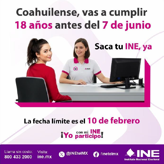 Coahuilense te gusta vivir experiencias que pocos pueden contar? Si cumples 18 años antes del 7 de junio, el INE te invita a que solicites tu primera Credencial para Votar hasta el 10 de febrero.

¡Yo con mi INE participo!