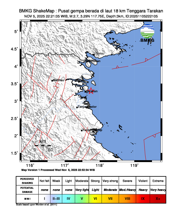#Gempa (UPDATE) Mag:2.7, 05-Nov-25 22:21:05 WIB, Lok:3.29 LU, 117.75 BT (Pusat gempa berada di laut 18 km Tenggara Tarakan), Kedlmn:3 Km Dirasakan (MMI) II-III Kota Tarakan #BMKG