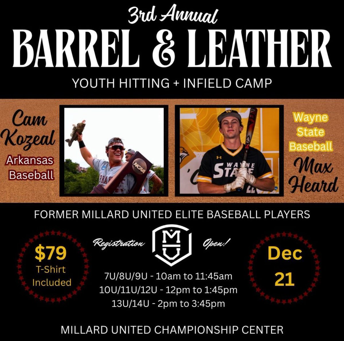 ‼️ NEXT MONTH‼️ 

Our 3rd annual Barrel &amp; Leather Hitting + Infield Camp with former ELITE baseball players, Cam Kozeal and Max Heard.

Register Here ➡️ buff.ly/JQIDz2B

Open to all MUS baseball players!⚾️