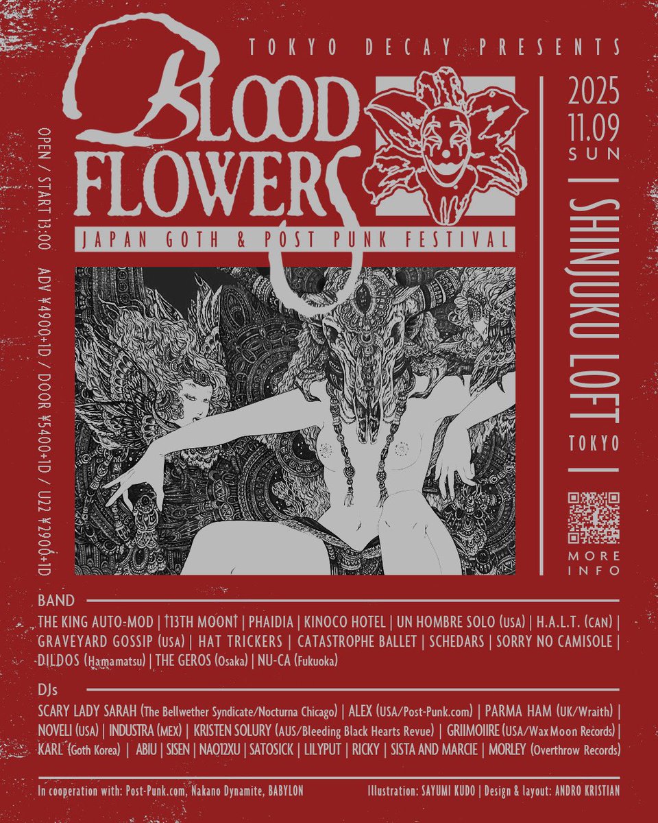 【公式グッズ販売】
#BLOODFLOWERSFESTIVAL

パンクなゴス=ゴリゴリのデスロック度高いブツが出来そうです❤️‍🔥
かなり数少ないので、開場13:00から早めの来場&amp;購入がオススメ❗️
価格は会場にて💰

デザイン: アンドロ・クリスチャン
ロンTフロントアートワーク: 工藤沙由美
ディレクション: nAo12xu