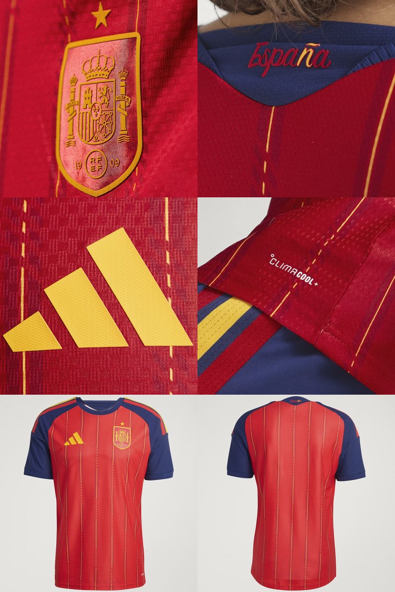 🇪🇸 Esta será la camiseta <a href="/adidasfootball/">adidas Football</a> de España en el Mundial 2026.

Cuerpo rojo con mangas azul marino y un gráfico de líneas en rojo y amarillo. Las tres tiras sobre los hombros lucen los colores de la bandera, mientras que el nombre del país se estampa en la nuca.