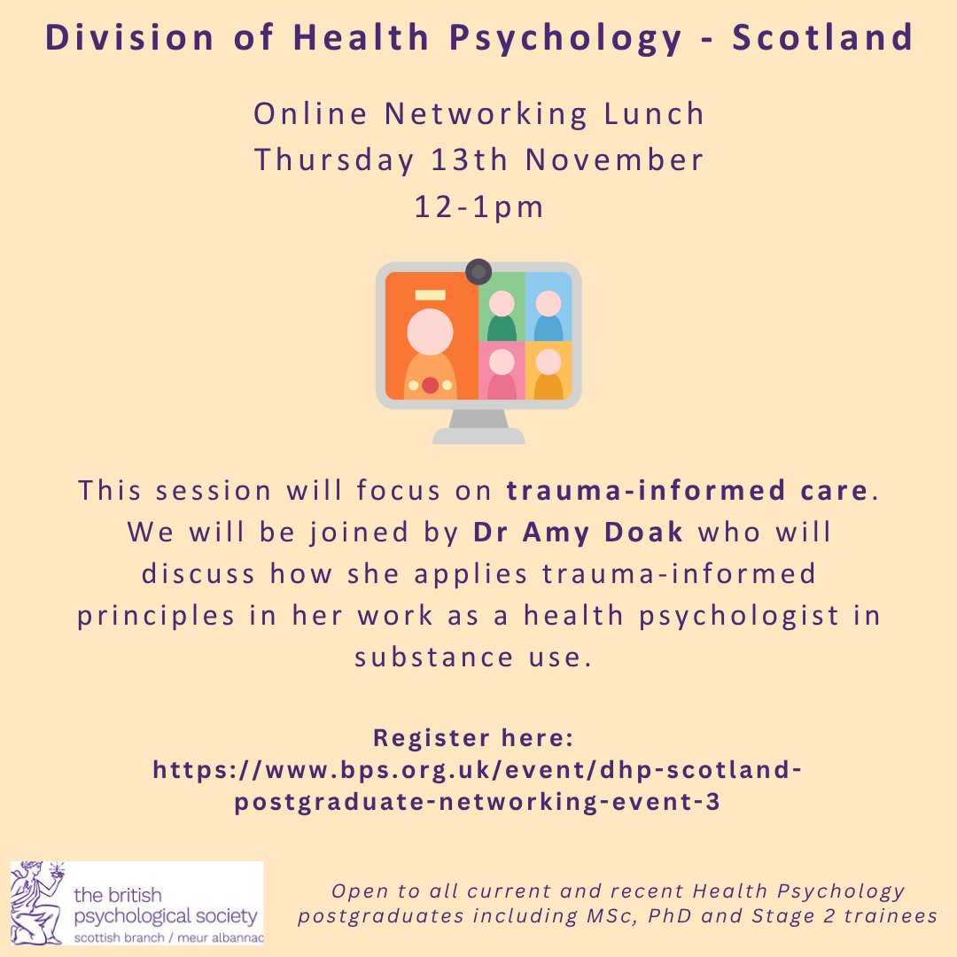 Join us on the 13th November for a lunchtime session exploring trauma informed care and practice - we'd love to see you there. It's free and open to all postgrads with an interest in health psychology.

Sign up: bps.org.uk/event/dhp-scot…