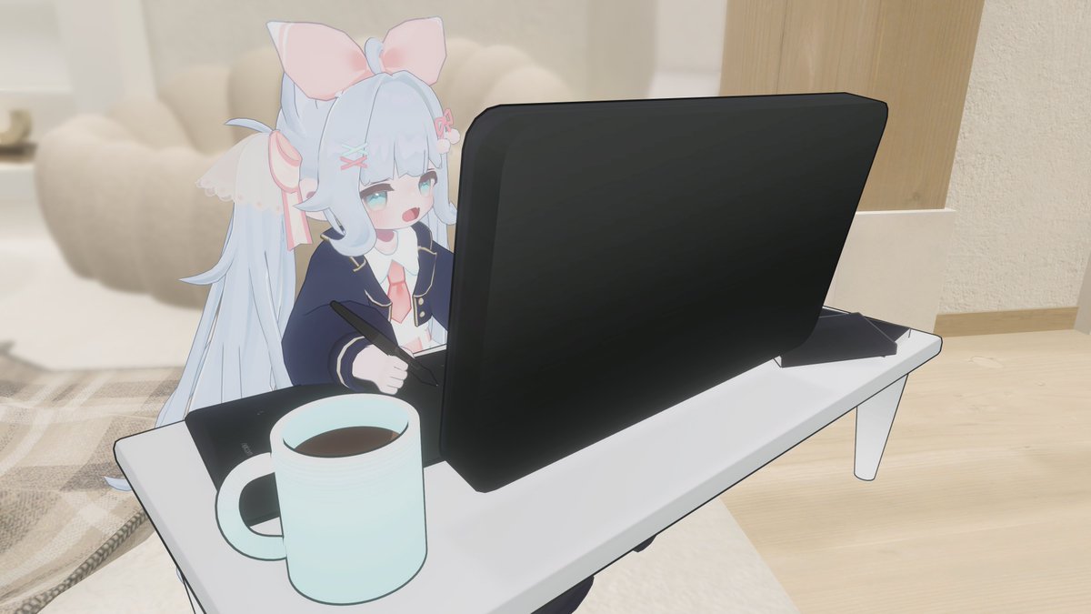 nanopi_fuyuneko's tweet image. 少し前に #molLab さんのプレゼント企画に当選して、シックな作業デスクをいただきました🩵

ふんわりミッドナイトハニーと合わせてみた🙌
本とモニターももっと可愛くしたいっ！
本はワールド用のPrefabもあるから自分のワールドにも置こうかな܀ꕤ୭*