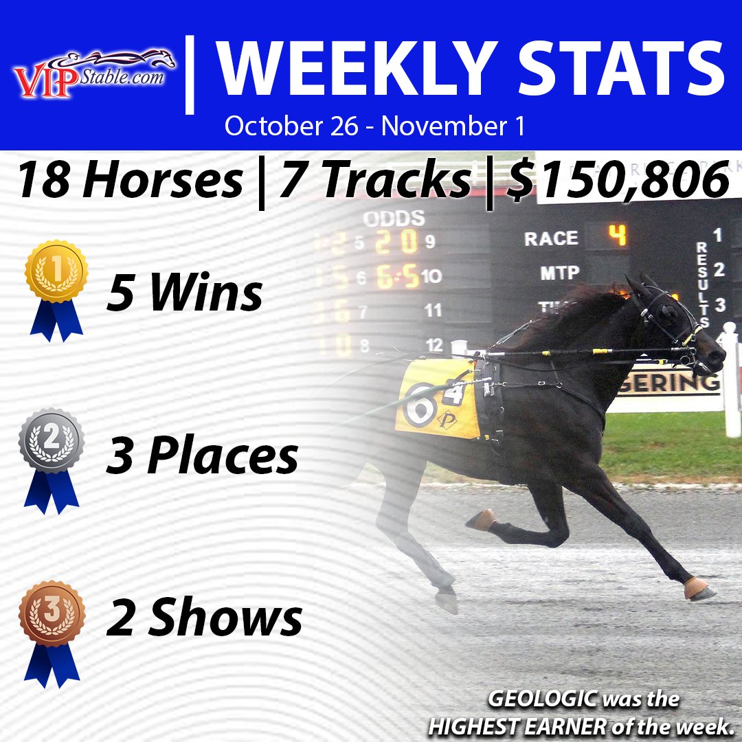 Check out VIP Stable's stats from October 26 - November 1! Let's keep it rolling! #harnessracing #vipstable #standardbred