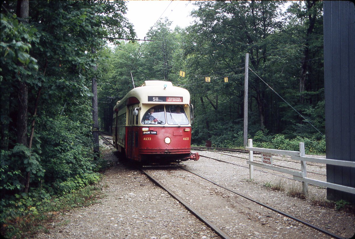 TTC PCC streetcar #4633 was approaching Barn #1 at our museum on August 8th, 1982. Bill Watson was at the controls.

This photo was taken by the late Robert Sandusky.

We are closed for November but will re-open during the first two weekends in December.