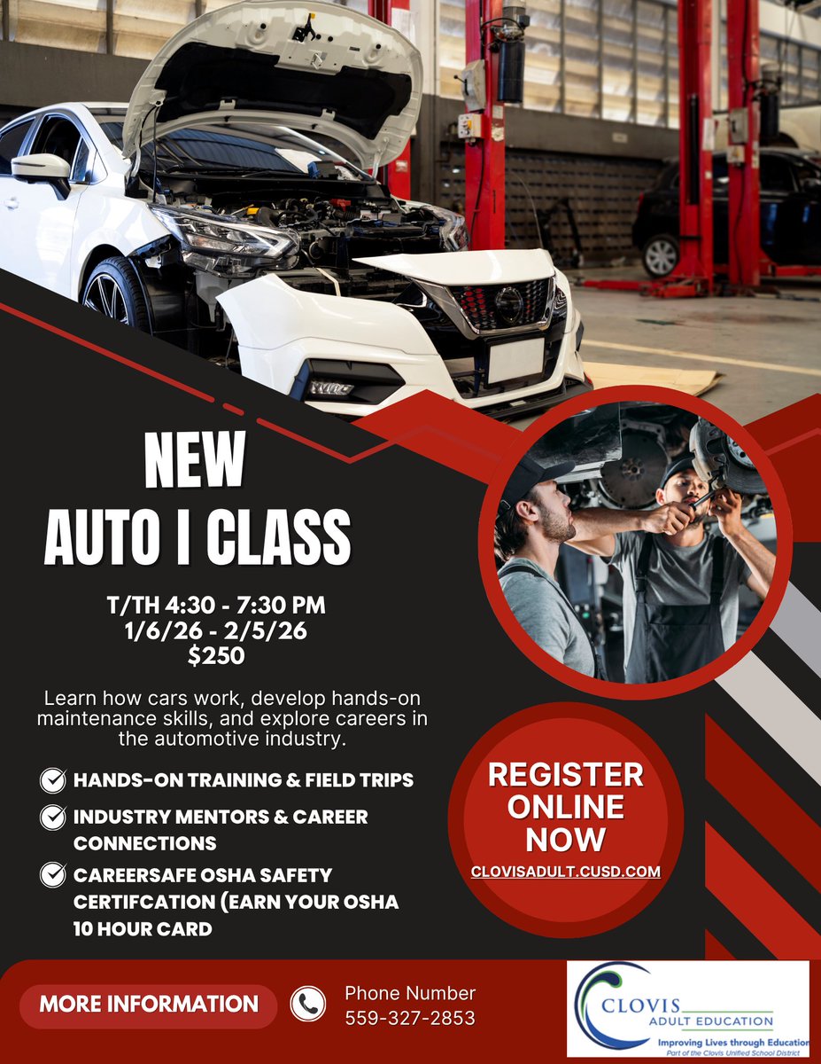 Start your journey into the world of automotive technology!
You’ll learn real-world skills, explore career paths, and earn industry-recognized credentials like the OSHA 10-Hour Safety Card.
go.asapconnected.com/?org=4978#Even…
#CareerGrowth #AutoCareers #AdultEducation #ClovisAdultEd