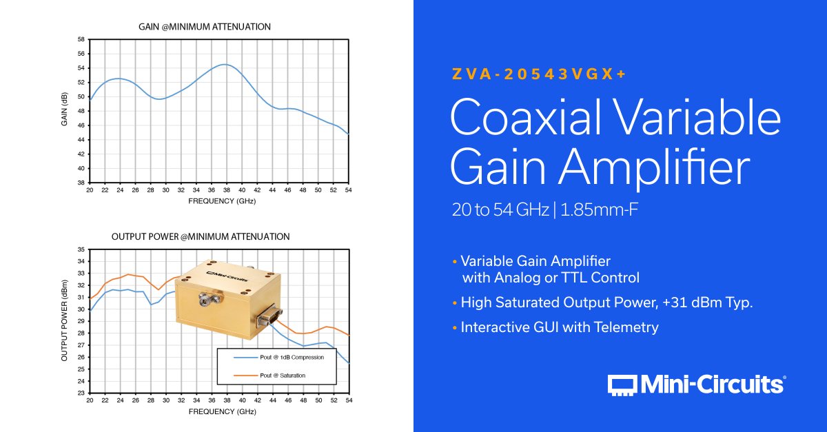 MiniCircuits's tweet image. ZVA-20543VG+ is a variable gain, medium power amplifier with gain control, operating from 20 to 54 GHz. It’s ideal for applications including wideband test and instrumentation, 5G-FR2 mmWave testing, and more.

hubs.ly/Q03RCyHg0

#rf #amplifier #coaxial #variablegain