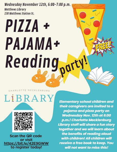 cmlibrary's tweet image. Matthews Library is hosting a free pizza, pajama and reading party for elementary school children and their parents/caregivers on Wednesday, November 12 at 6pm!

For more information and to register, visit – bit.ly/4oQ1HPj