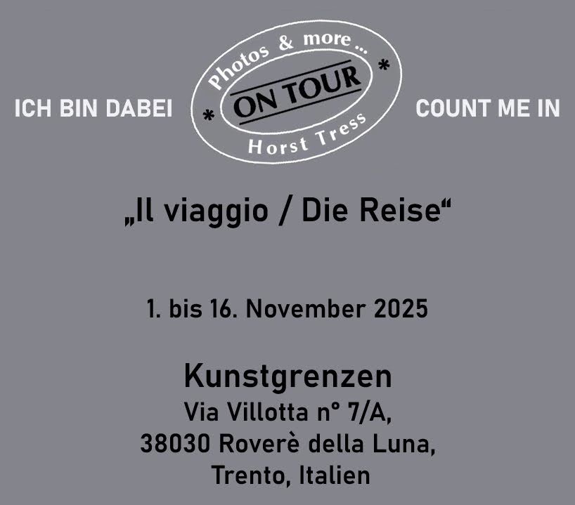 "Die Reise - zwischen Realität und Traum" kuratiert von der Künstlerin Renata di Palma, in Zusammenarbeit mit der Gemeinde und Pro Loco von Rovere' della Luna, Cassa Rurale Val di Non Rotaliana und Giovo, Studio Martorelli Engineering-Archeology-Formation.